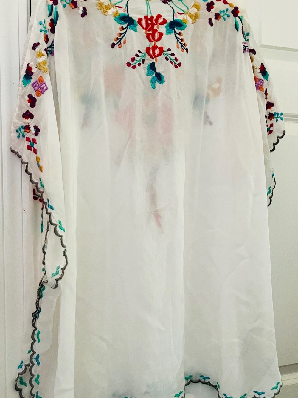 Johnny Was White Embroidered Boho Tunic Coverup with Multicolor Floral Details - Picture 3 of 5